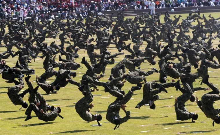 South Korean special army soldiers demonstrate their martial arts skills during a rehearsal for upcoming the 64th anniversary of Armed Forces Day Sept. 25,