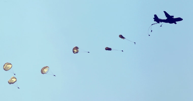 Soldiers of the special warfare command parachute to the ground during a demonstration ahead of the Armed Forces Day anniversary at the Gyeryong military headquarters in Gyeryong, about 87 miles south of Seoul Sept. 25.
