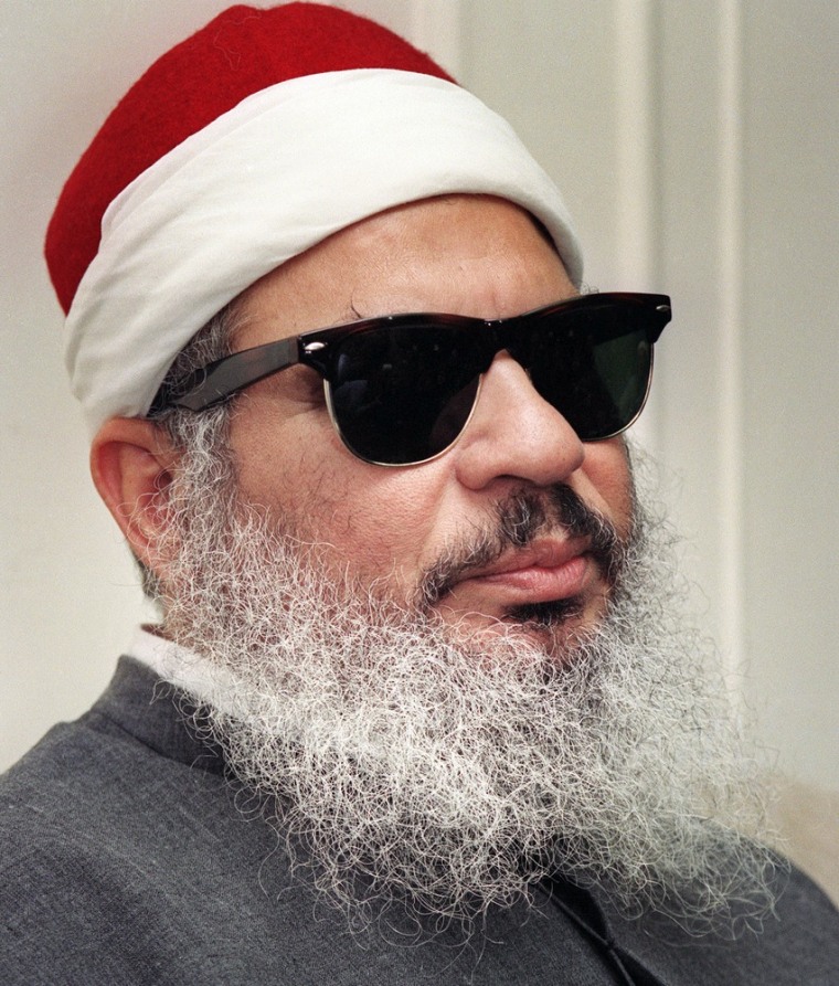 Sheik Omar Abdel Rahman, the blind spiritual leader of Egypt's largest Islamic extremist fundamentalist group, Jamaa Islamiyya, in an April 6, 1993, file photo. Abdul Rahman was convicted of conspiracy and sentenced to life in prison for helping to plan the 1993 World Trade Center bombing.