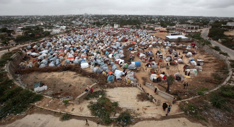 An aerial view shows Seyidka settlement for the famine stricken, internally displaced people in Berkulan near Somalia's capital Mogadishu, September 6, 2011.