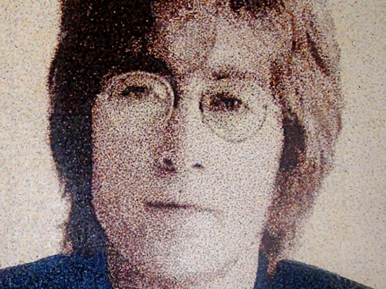 Douthwaite made this image of John Lennon as a birthday gift for a friend in Los Angeles. It was only the third dot portrait she had made, and she had to learn how to do hair and glasses.