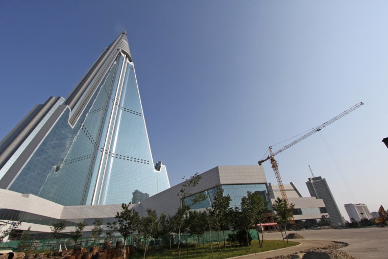 The pyramid-shaped 105-story Ryugyong Hotel in Pyongyang, North Korea, appears to be almost complete in this picture on Sept. 23.