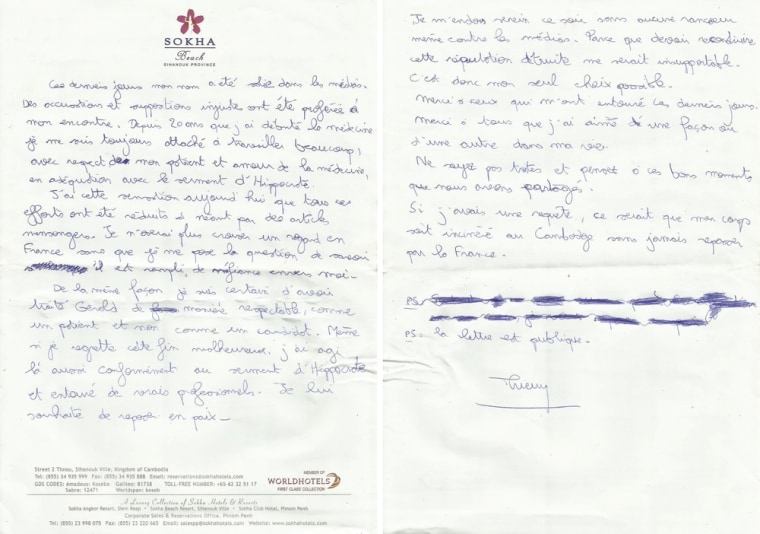 A reproduction of a document received from Adventure Line Productions on April 1 shows the suicide letter of Thierry Costa, a French doctor who was working for \"Koh Lanta\" the French version of the hit reality TV show \"Survivor.\"