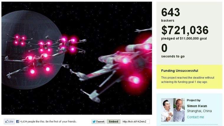 Supporters of the Kickstarter campaign to build a fleet of X-wing fighters raised $721,036, while a competing campaign to design a Death Star battle station raised 328,613 British pounds, or just under $500,000. None of the supporters had to pay up, however, because the campaigns finished up far short of their funding goals.