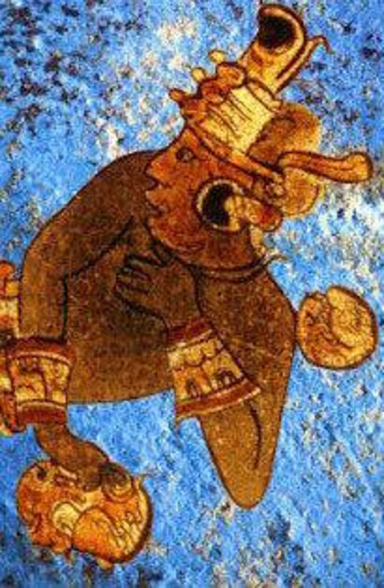 Maya Blue on an ancient Maya mural. Scientists have solved the mystery of how the Maya concocted this pigment.