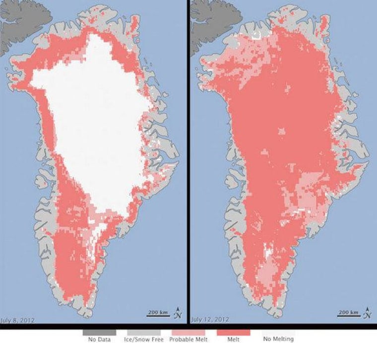 This is the extent of surface melt over Greenland's ice sheet on July 8 (left) and July 12 (right) based on data from three satellites. (Light pink: probable melt, meaning at least one satellite showed melt; dark pink: melt, meaning two to three satellites showed melt.)