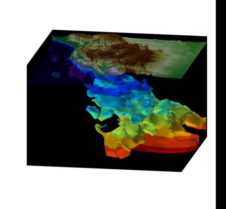Under the west coast of North America, seafloor from the Pacific Basin sinks back into the Earth's mantle. The subducted seafloor remains visible to seismic tomography, a geophysical imaging method that uses earthquakes as signal sources. This 3-D image renders the mountainous topography of the western U.S., and the ancient oceanic plate from the surface down to 1,500 km depth (color changes in depth increments of 200 km).