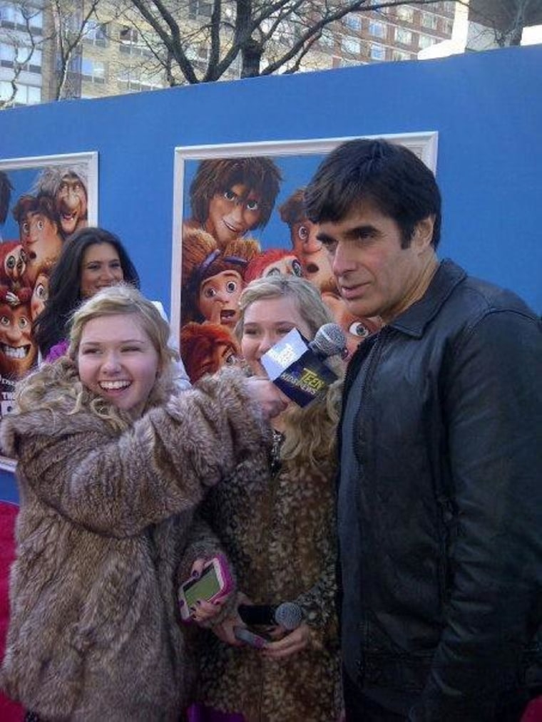 Teen Kids News Reporters Hannah & Cailin Loesch interview David Copperfield on the red carpet for The Croods premiere.