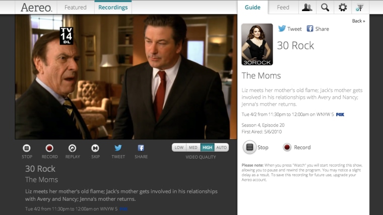 A screenshot of Aereo on Chrome.