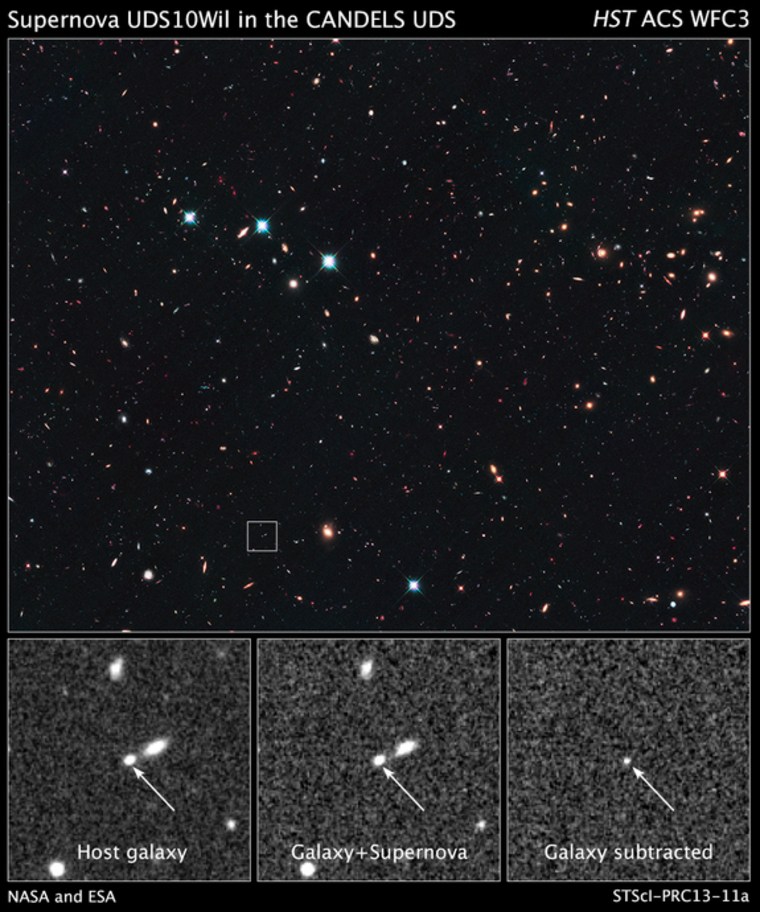 This image shows the Hubble Space Telescope's view of Supernova UDS10Wil more than 10 billion years ago.