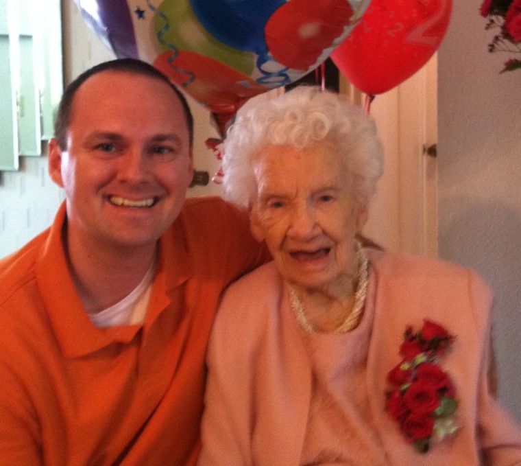 Elsie Thompson and her pastor, Rev. Michael Pestel, at her 112th birthday party.