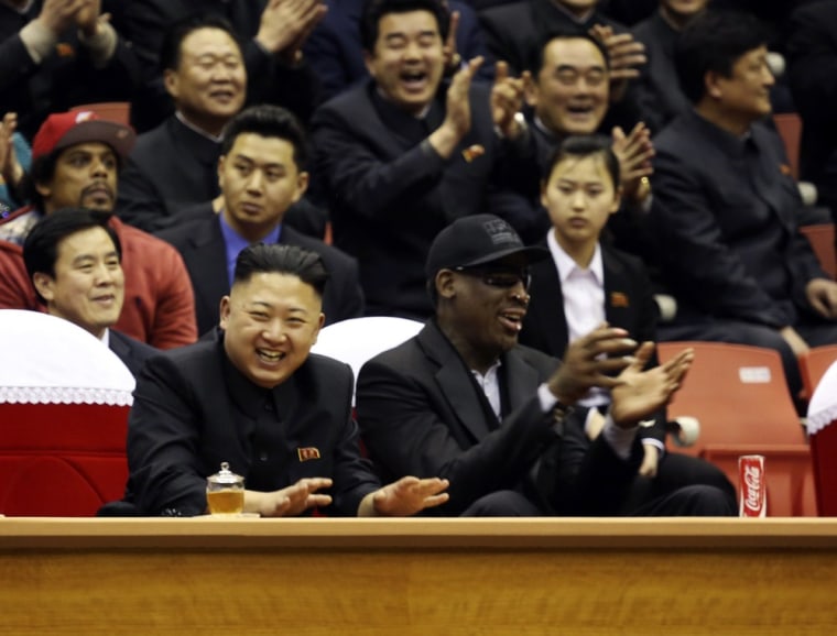 North Korean leader Kim Jong Un and former NBA star Dennis Rodman watch an exhibition basketball game in Pyongyang, North Korea, on Feb. 28.