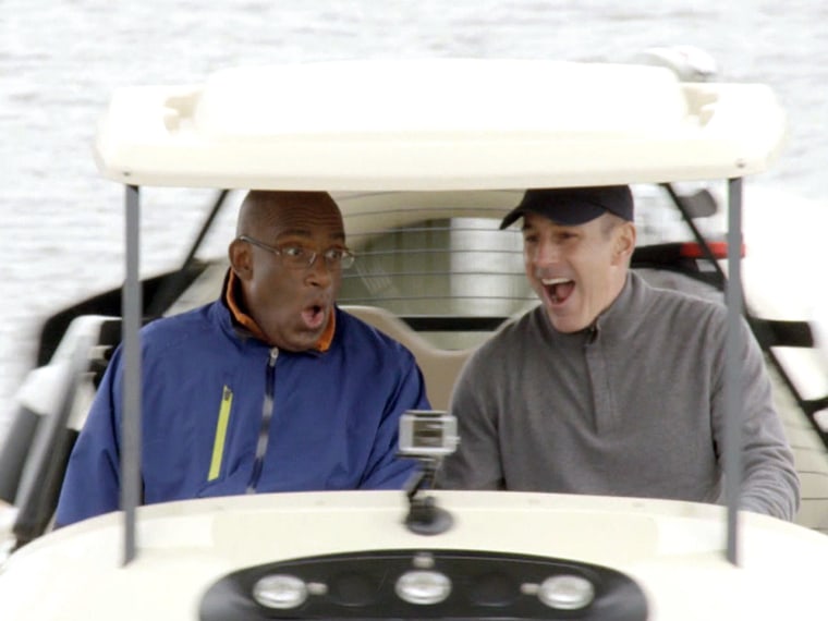 Scared silly: Matt and Al take a wild ride in a hovercraft golf cart.