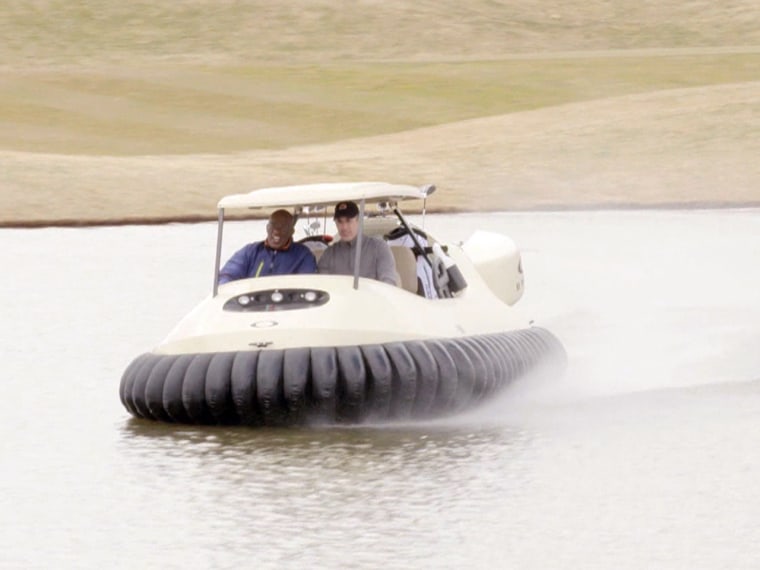 The hovercraft golf cart allows Matt and Al to cruise right over ponds.