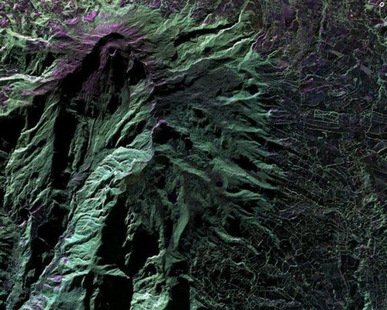 This false-color image of Colombia's Galeras Volcano was acquired by UAVSAR on March 13. A highly active volcano, Galeras features a breached caldera and an active cone that produces numerous small to moderate explosive eruptions. It is located west of the city of Pasto.