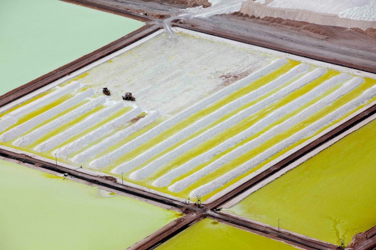 An aerial view of the brine pools and processing areas of the Soquimich lithium mine on the Atacama salt flat, the largest lithium deposit currently in production, in the Atacama desert of northern Chile, on Jan. 10, 2013.