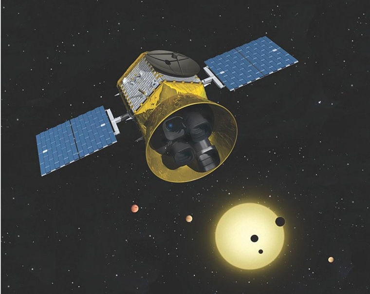 An artist's conception shows the Transiting Exoplanet Survey Satellite, or TESS, in space. (Planets not to scale.)
