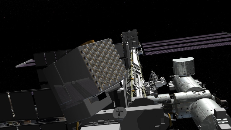 An artist's conception shows the boxlike NICER array attached to the International Space Station.