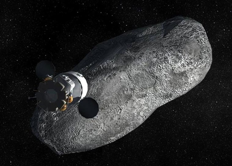 An Orion exploration vehicle approaches a near-Earth asteroid in this artist's conception. Such a mission would be carried out in 2021 under the White House's new plan for NASA exploration beyond Earth orbit.