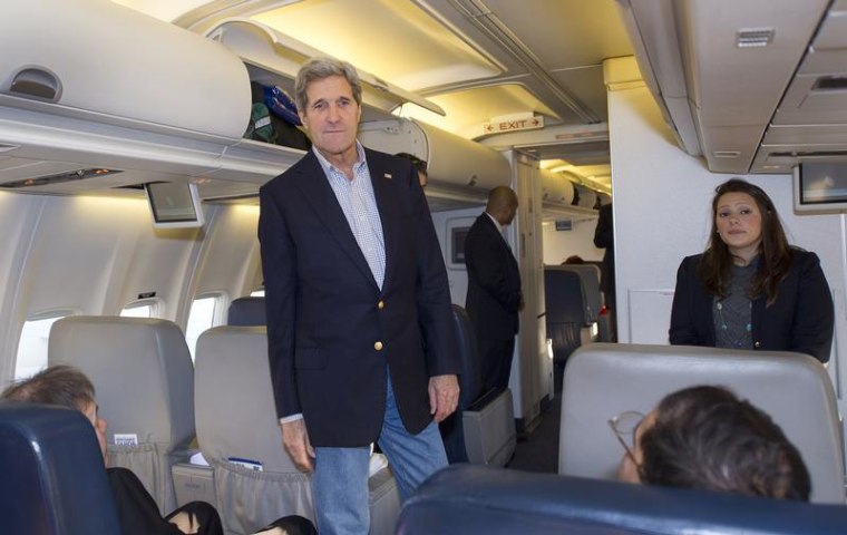 U.S. Secretary of State John Kerry talks to reporters after finding out that the aircraft had a mechanical failure before take off, at the Andrews Air Force Base in Maryland April 6, 2013.