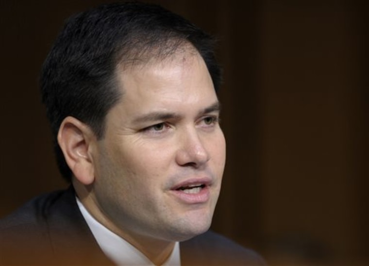 In this March 12, 2013 file photo, Sen. Marco Rubio, R-Fla. speaks on Capitol Hill in Washington.