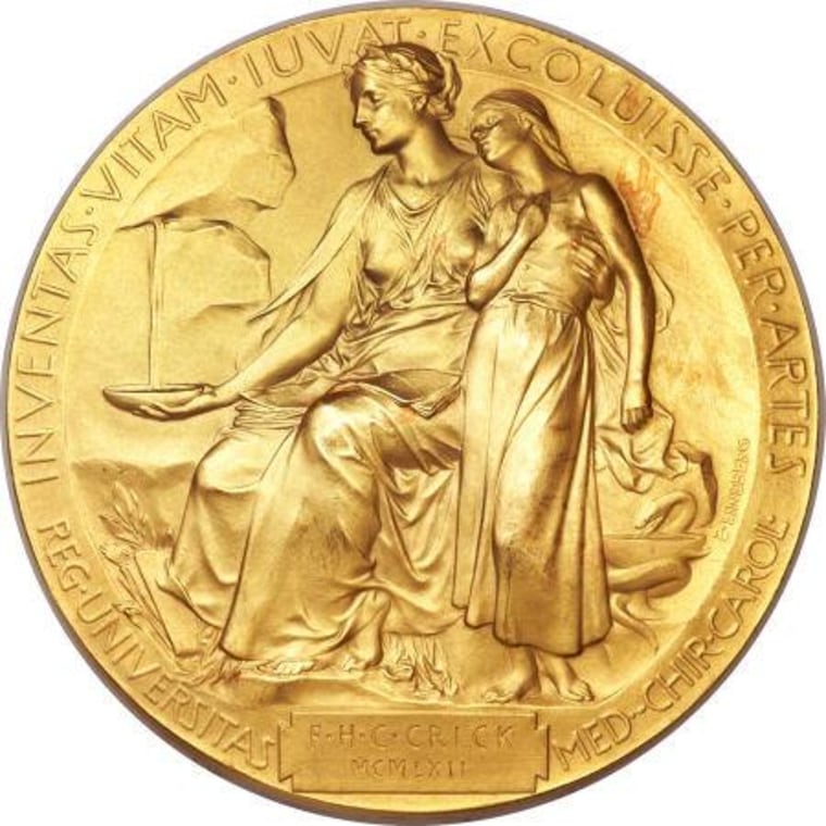 \"F.H.C. Crick\" is engraved on the obverse side of the 23-carat gold medal that Francis Crick received for the 1962 Nobel Prize.