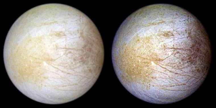 These global views of Jupiter's icy moon Europa were captured by NASA's Galileo spacecraft in June 1997. The image on the left shows Europa in natural...