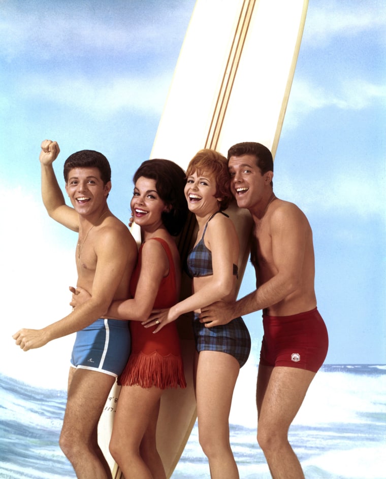 Annette Funicello, seen second from left with
Frankie Avalon, Deborah Walley and John Ashley in 1965's \"Beach Blanket Bingo,\" had careers in movies, m...