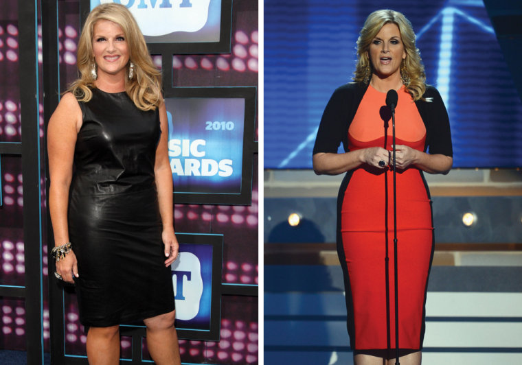 Trisha Yearwood is seen at left in 2010 and at right at the recent Academy of Country Music Awards.