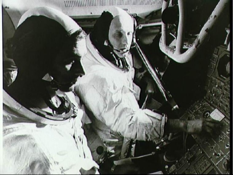 Apollo 10 astronauts Gene Cernan and Tom Stafford go through procedures during a pre-launch simulation. One procedure in particular created a bit of trouble during the mission in May 1969.
