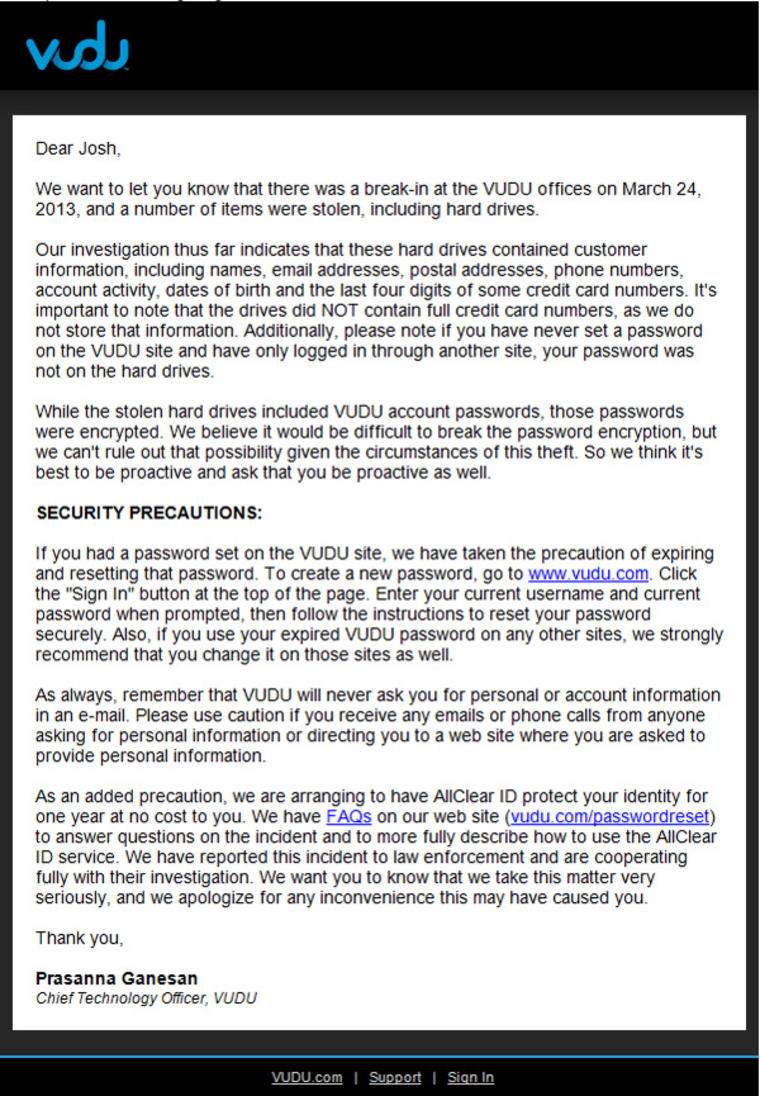 Letter from Vudu about theft of hard drives.