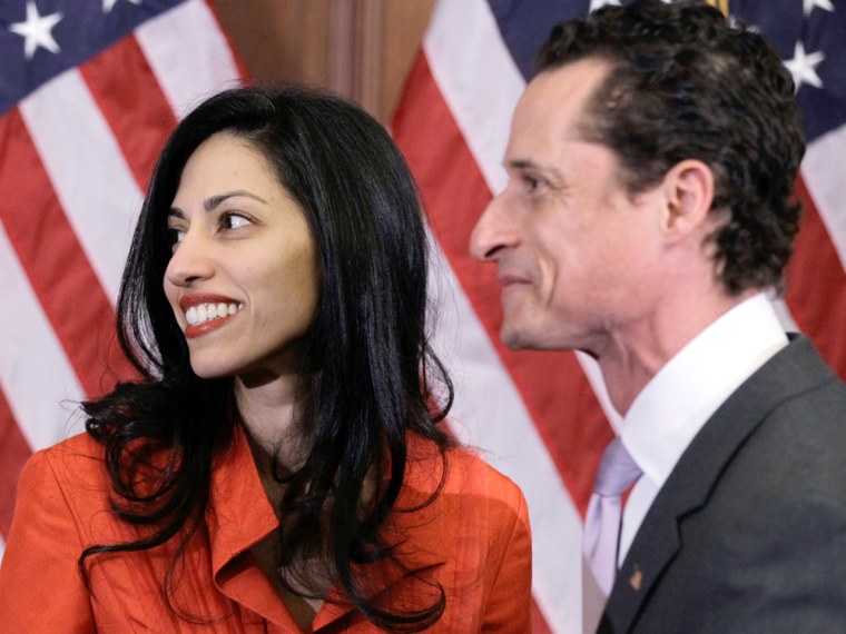 Rep. Anthony Weiner, D-N.Y., and his wife, Huma Abedin, aide to Secretary of State Hillary Rodham Clinton, are pictured after a ceremonial swearing in...