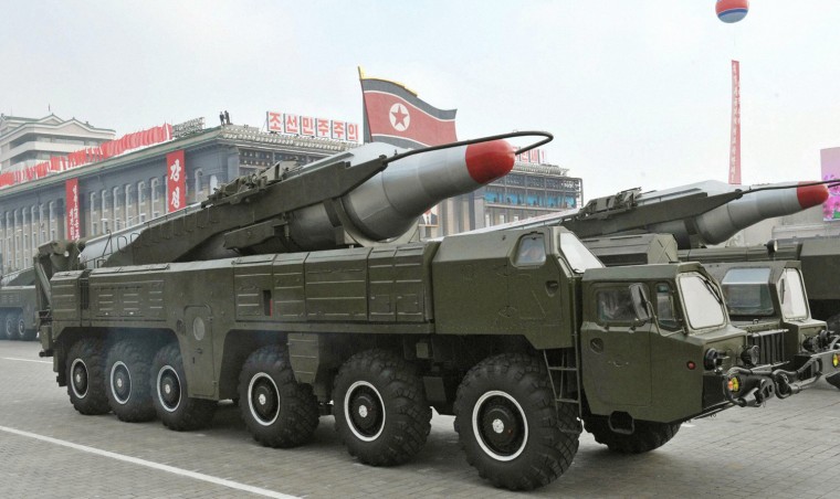 A Musadan intermediate-range missile is carried on a vehicle during a military parade in October 2010 in Pyongyang, North Korea.