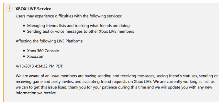 Xbox Live status page