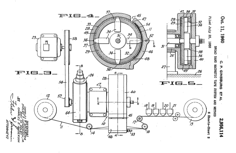 A drawing from Ginsburg's 1960 patent for a magnetic video recorder.