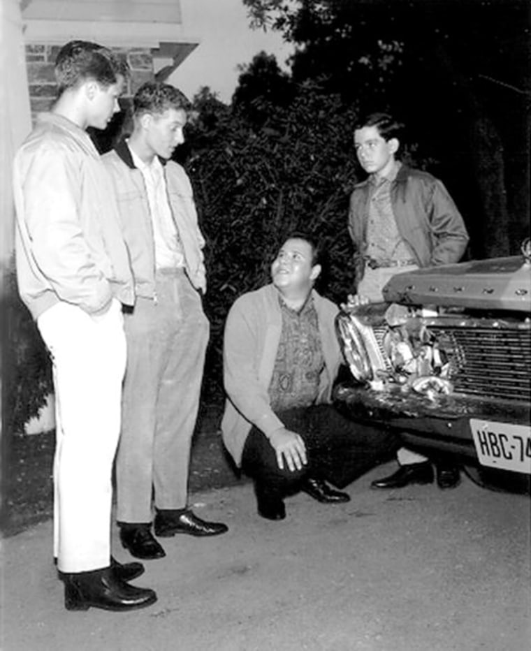 Frank Bank, third from left, with Tony Dow (Wally), Ken Osmond (Eddie Haskell) and Jerry Mathers (Beaver) in an undated photo from \"Leave It to Beaver.\"