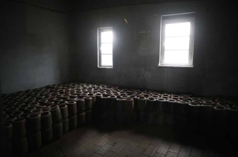 Urns are displayed in a room adjacent to the crematorium at Buchenwald.