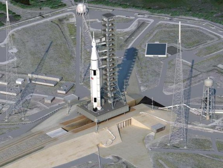 This artist's concept shows NASA's Space Launch System atop its Florida launch pad.
