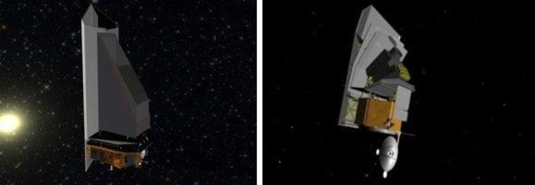 The artist's concepts for the NEOCam infrared telescope (left) and the Sentinel Space Telescope (right) look similar. Both are designed to scan the skies for near-Earth asteroids.