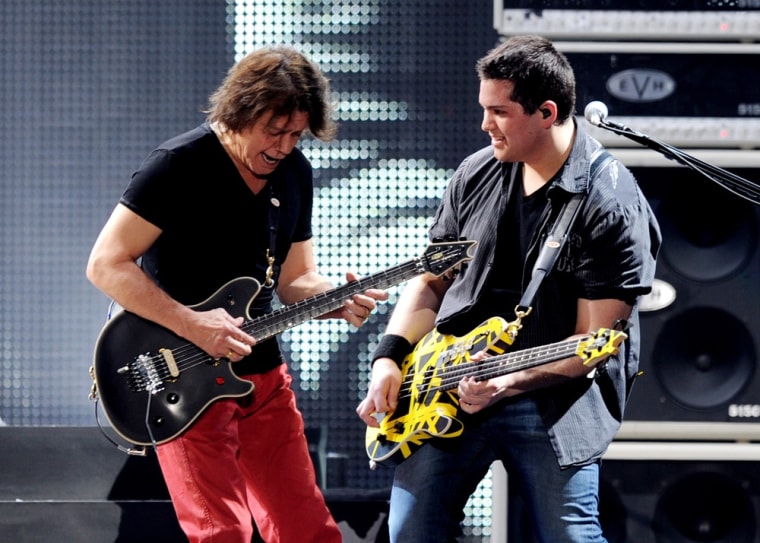 Eddie Van Halen, left, and his son Wolfgang Van Halen perform at their dress rehearsal for family and friends at the Forum in Inglewood, Calif., on Wednesday.