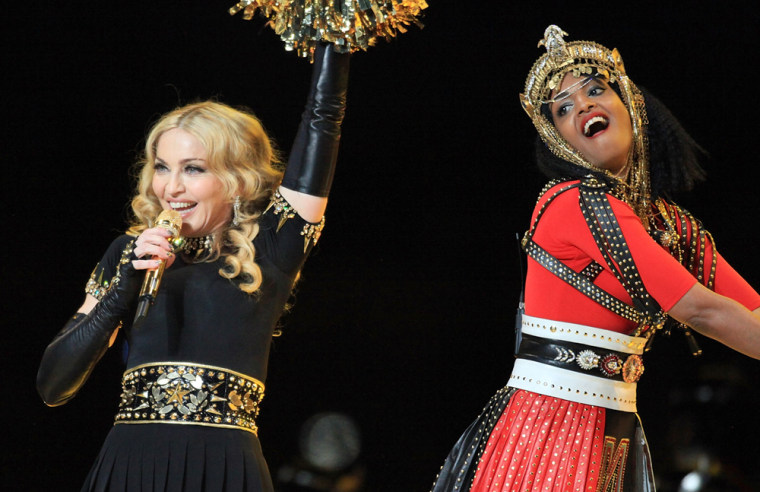 Madonna and MIA perform during the Bridgestone Super Bowl XLVI Halftime Show at Lucas Oil Stadium on Feb. 5 in Indianapolis, Indiana.