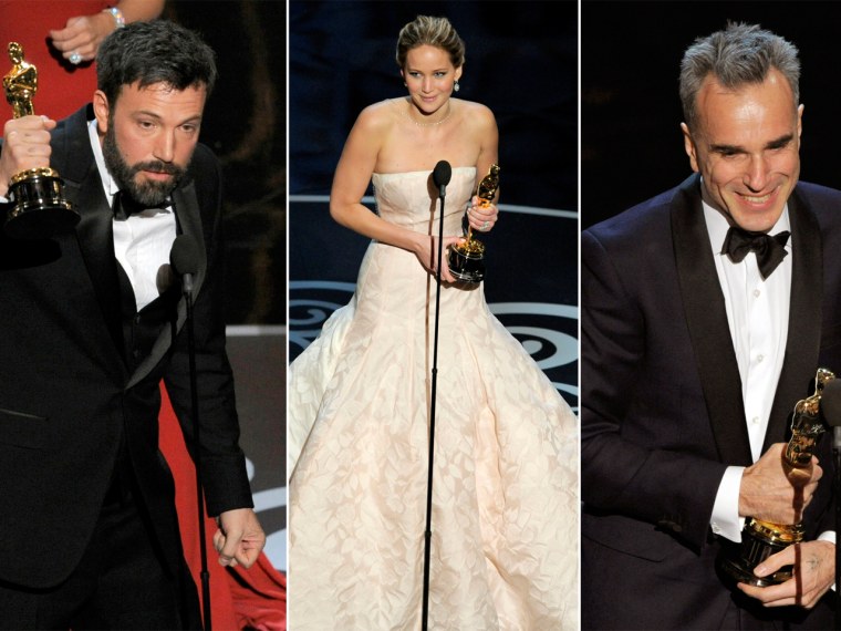 The Ben Affleck-directed film \"Argo,\" Jennifer Lawrence and Daniel Day-Lewis were major winners at Sunday night's Oscars.