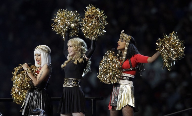 Madonna, center, performs with Nicki Minaj, left, and M.I.A. during halftime of the NFL Super Bowl XLVI on Sunday, Feb. 5, 2012, in Indianapolis.