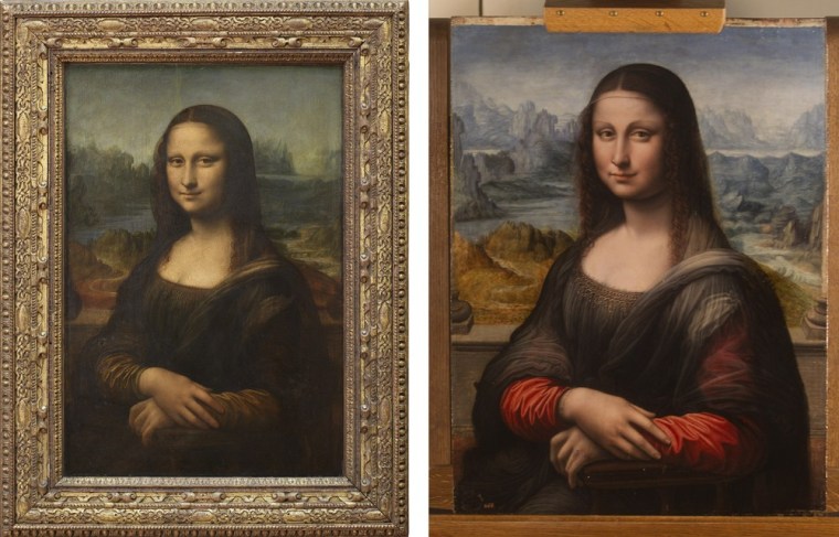 A file photo of Leonardo da Vinci's original "Mona Lisa," left, which hangs in the Louvre in Paris, and a recently discovered and restored copy of the "Mona Lisa" painting as it was displayed at Madrid's El Prado Museum.