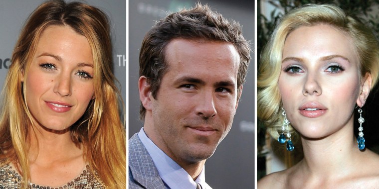 Blake Lively, left, Ryan Reynolds and Scarlett Johansson.