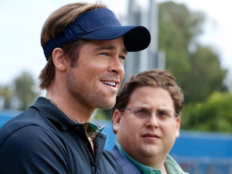 Brad Pitt, left, and Jonah Hill are both up for Oscars for \"Moneyball.\"