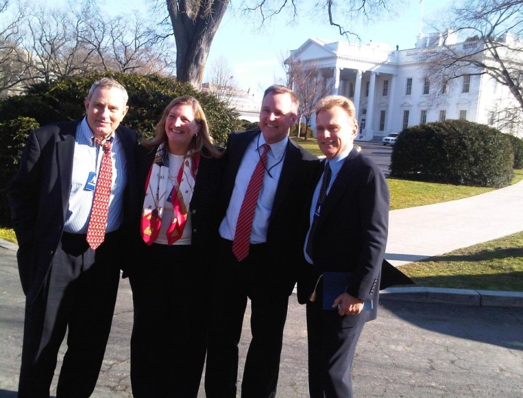 Pat Sajak, right, made a visit to the White House Friday and posed with the White House's counselor to the chief of staff, David Lane, second from right, and two friends.