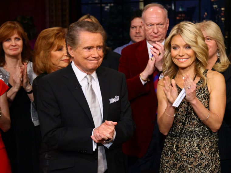 Regis Philbin and Kelly Ripa on set during Philbin's final show of \"Live! with Regis & Kelly\" in New York on Friday.