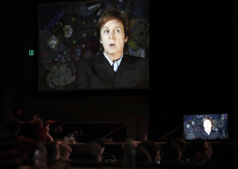 Paul McCartney answers a question via satellite during the Showtime session for \"The Love We Make\" during the 2011 Summer Television Critics Association Cable Press Tour in Beverly Hills, Calif., on Thursday.