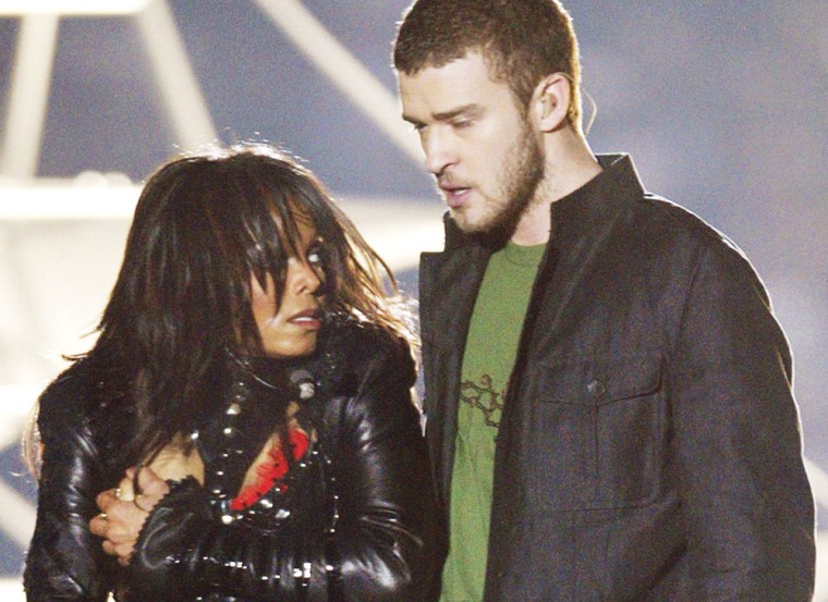 Janet Jackson and Justin Timberlake during the flash seen 'round the world at Super Bowl XXXVIII in 2004.